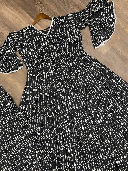 Flattering Black Color Crape Printed Work Plazo Kurti For Women
