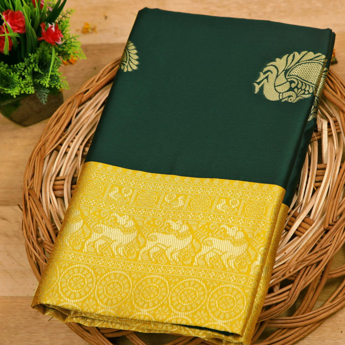 Dark Green Color Designer Lichi Silk Jacquard All Over Work Designer Saree Blouse