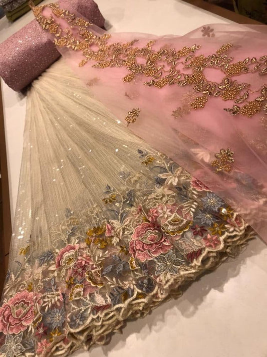 Stunning Cream Color Wedding Wear Organza Sequence Work Lehenga Choli