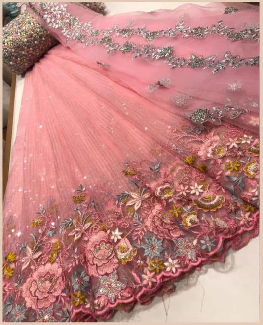 Grey Pink Color Organza Sequence Work Function Wear Lehenga Choli