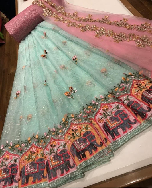 Classic Sea Green Color Festive Wear Organza Sequence Work Lehenga Choli