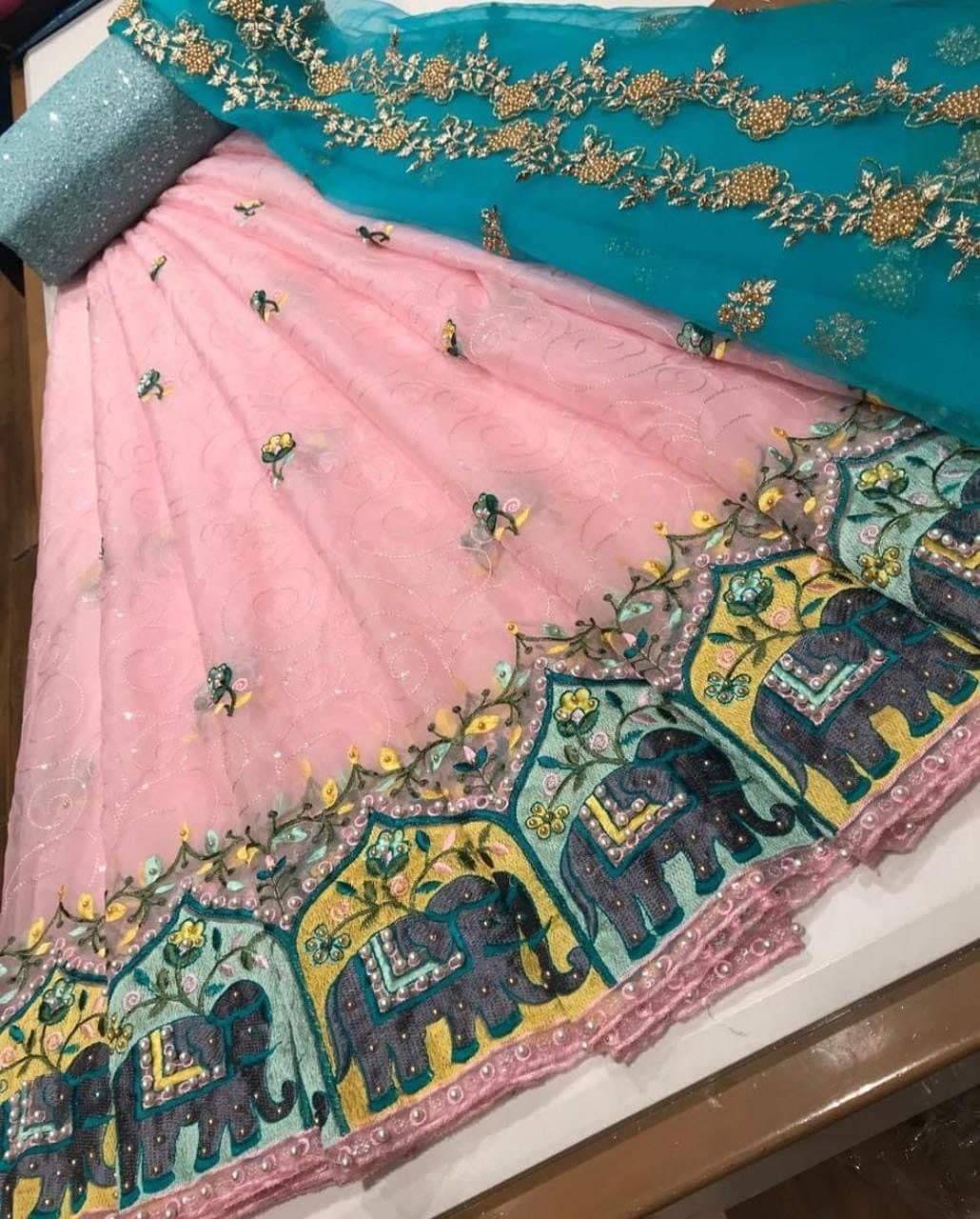 Stunning Baby Pink Color Organza Cut Thread Work Lehenga Choli