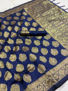 Party Wear Navy Blue Color Fancy Banarasi Silk Rich Pallu Weaving Design Designer Saree Blouse