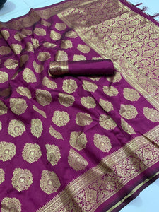 Wine Color Occasion Wear Banarasi Silk Designer Weaving Rich Pallu Designer Saree Blouse