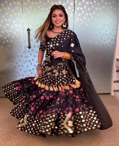 Attractive Black Color Crape Printed Mirror Work Function Wear Lehenga Choli