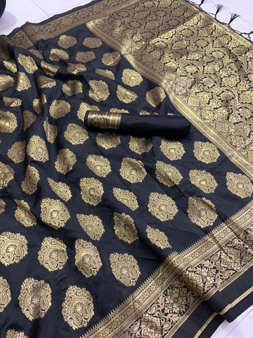 Black Color Silk Weaving Design Banarasi Rich Pallu Designer Saree Blouse