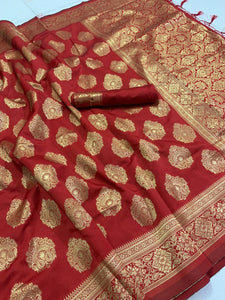 Red Color Designer Weaving Banarasi Silk Grand Pallu Designer Saree Blouse