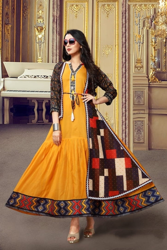 Mustard Color Designer Chanderi Cotton Full Stitched Digital Printed Long Kurti