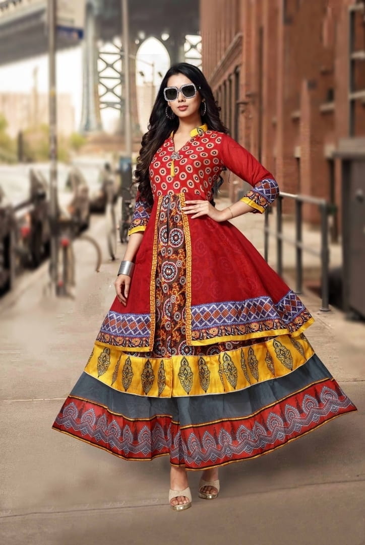 Red Color Festive Wear Ready Made Digital Printed Chanderi Cotton Long Kurti