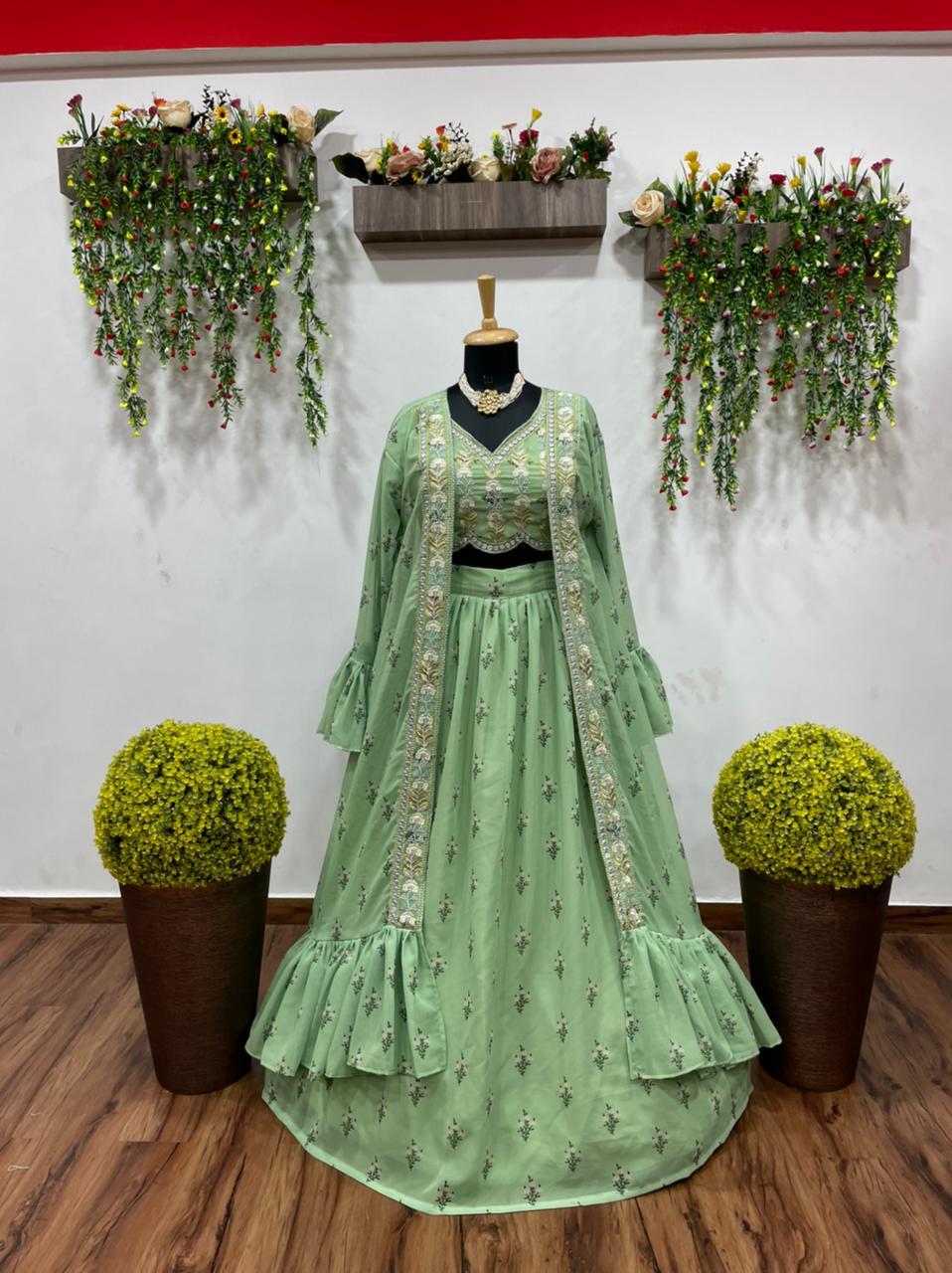 Amazing Green Color Georgette Embroidered Work Indo Western