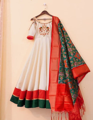 Gorgeous White Color Cotton Embroidered Work Gown Dupatta