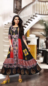 Black Color Full Stitched Cotton Chanderi Fancy Digital Printed Long Kurti