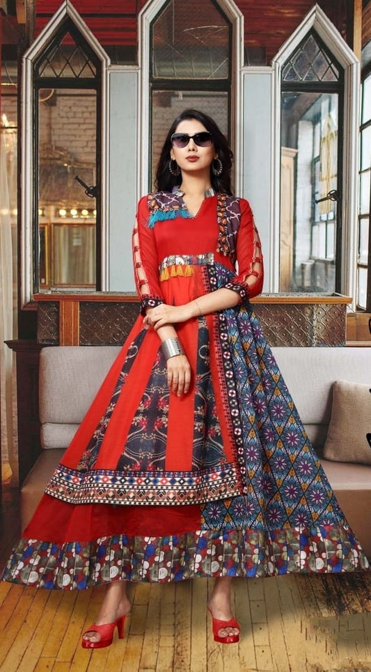 Festive Wear Multi Color Chanderi Cotton Printed Digital Design Ready Made Long Kurti