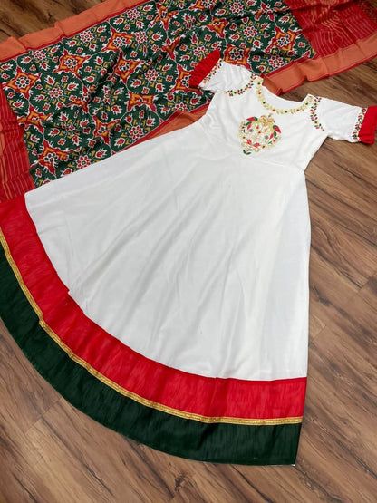 Gorgeous White Color Cotton Embroidered Work Gown Dupatta