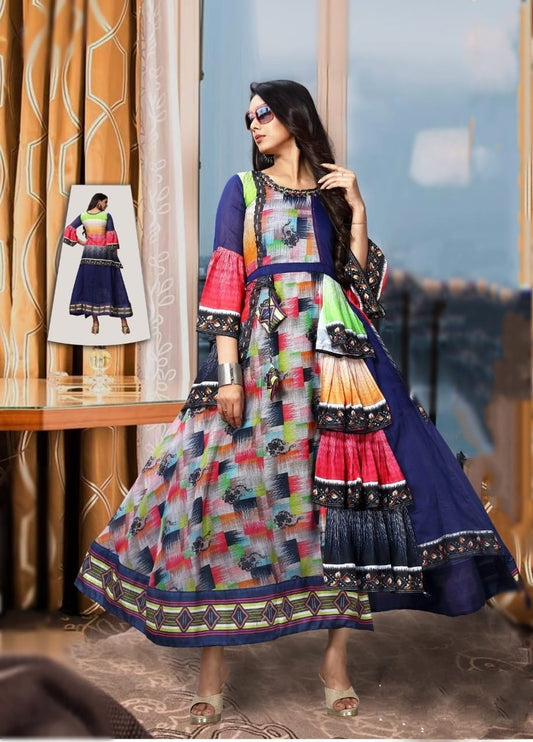 Navy Blue Color Ready Made Chanderi Cotton Digital Printed Designer Long Kurti