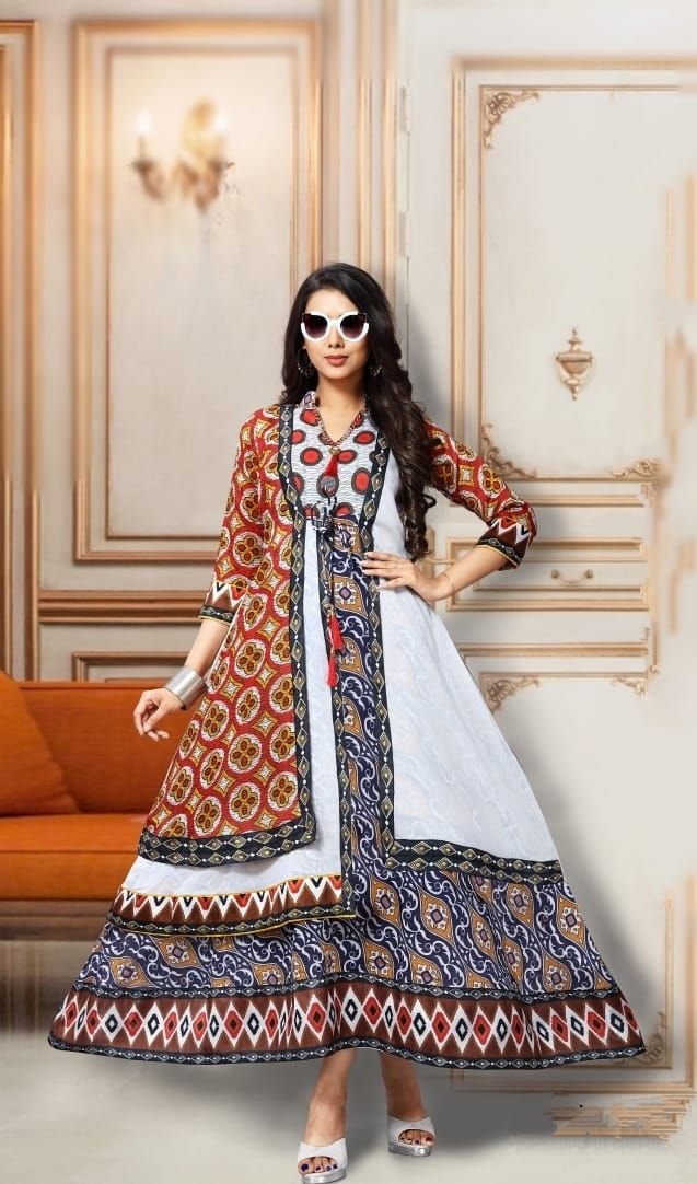White Color Chanderi Cotton Digital Printed Full Stitched Party Wear Long Kurti