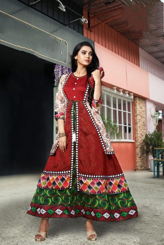 Green Color Party Wear Cotton Digital Printed Chanderi Ready Made Long Kurti