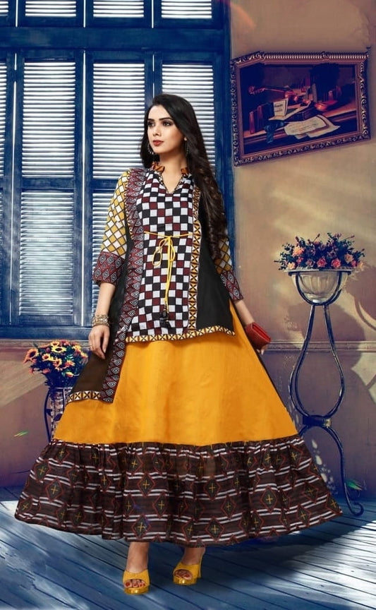 Yellow Color Full Stitched Digital Printed Cotton Chanderi Long Kurti