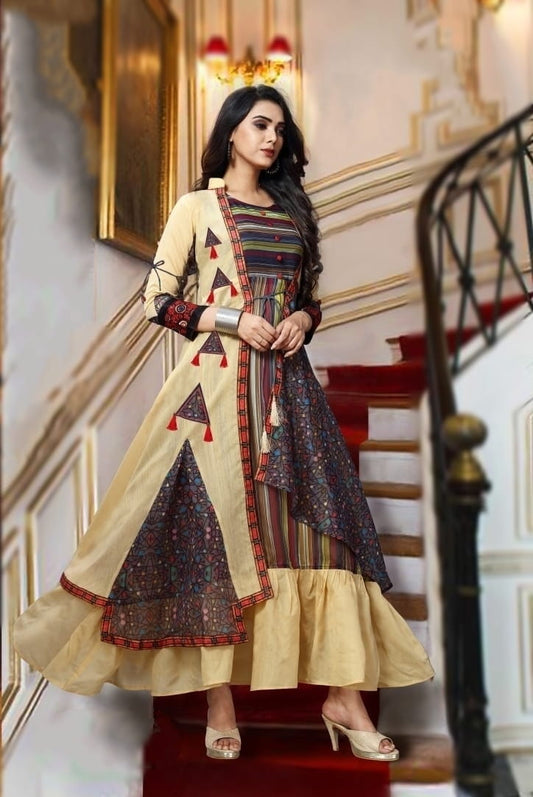 Cream Color Ready Made Digital Printed Designer Chanderi Cotton Festive Wear Long Kurti