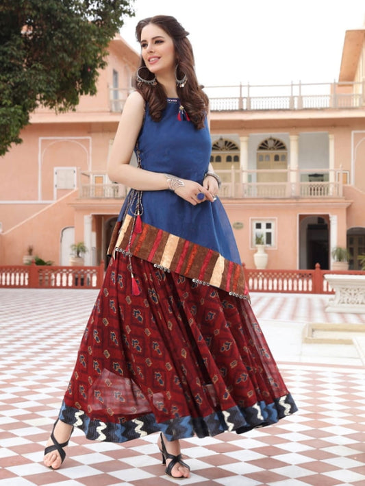 Blue Color Full Stitched Chanderi Cotton Digital Design Long Kurti