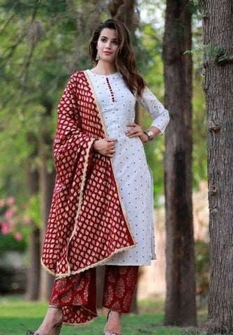 Appealing White Color Party Wear Rayon Golden Printed Ready Made Salwar Suit