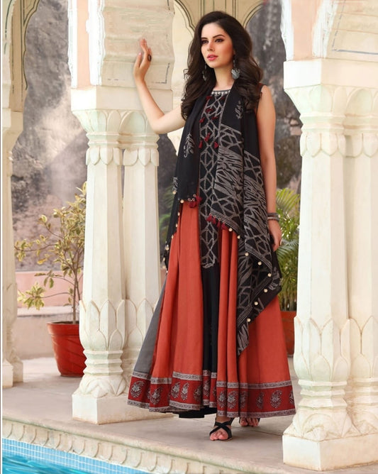 Black Color Party Wear Cotton Digital Printed Chanderi Design Long Ready Made Kurti