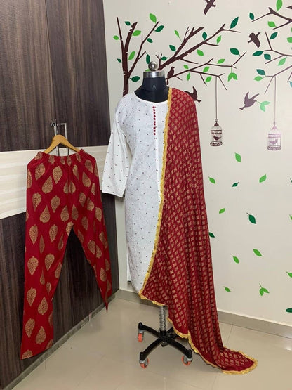 Appealing White Color Party Wear Rayon Golden Printed Ready Made Salwar Suit