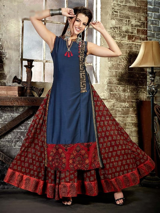 Blue Color Chanderi Digital Printed Cotton Full Stitched Long Kurti