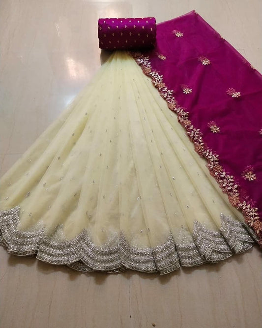 Magnetic Off White Color Festive Wear Organza Silk Embroidered Saree Lehenga