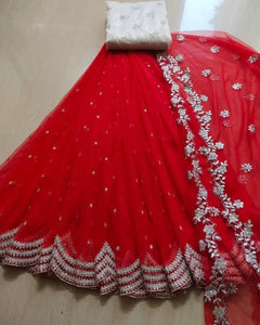 Pretty Red Color Embroidered Work Organza Designer Saree lehenga