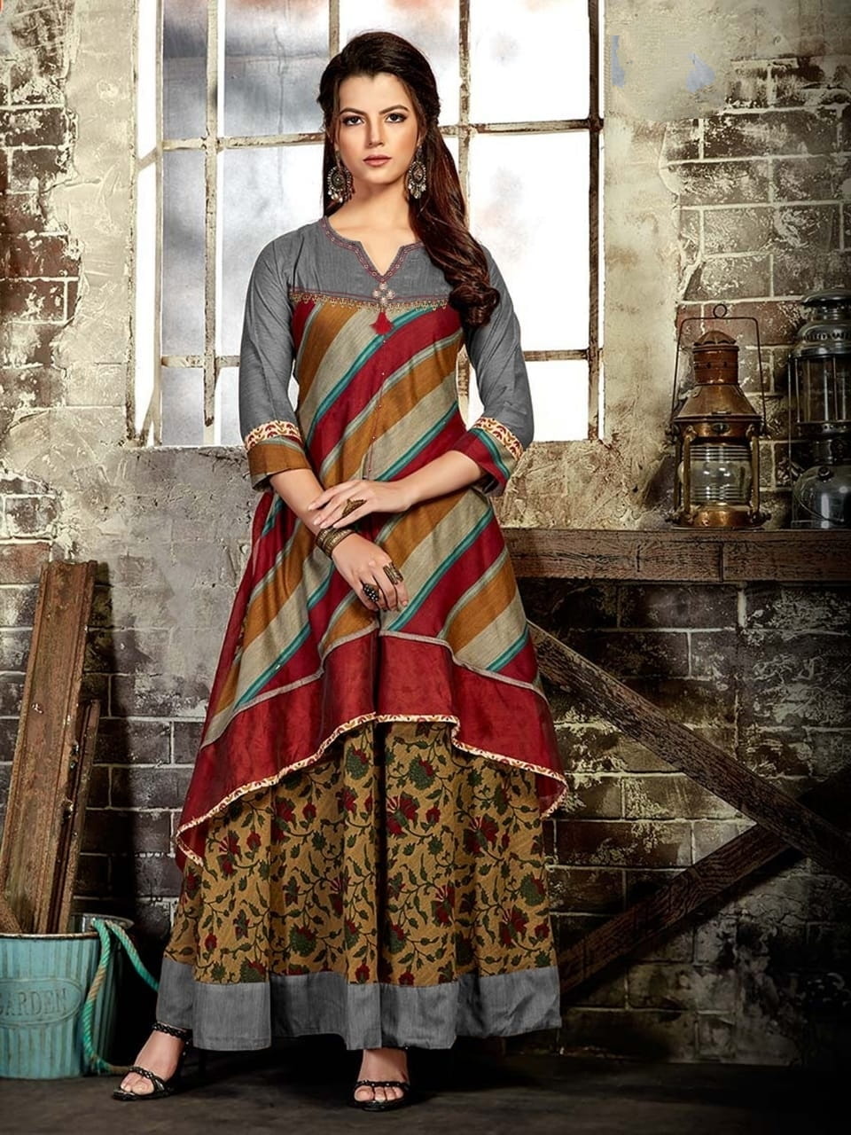 Grey Color Wedding Wear Chanderi Digital Printed Cotton Fancy Ready Made Long Kurti