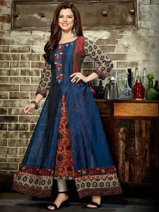 Party wear Dark Blue Color Digital Printed Designer Chanderi Cotton Long Ready Made Kurti