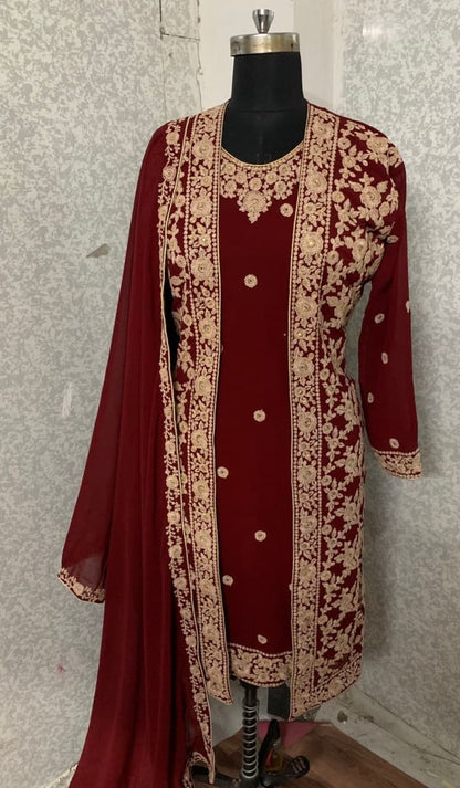 Awesome Maroon Color Festive Wear Georgette Embroidered Work Indo Western
