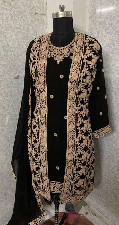 Artistic Black Color Georgette Embroidered Work Indo Western Suit