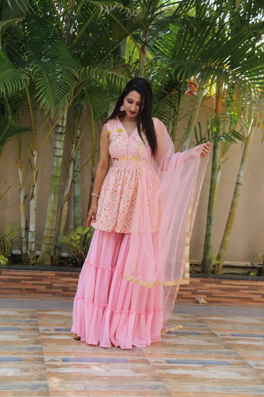 Bewildering Pink Color Georgette Embroidered Work Sharara Salwar Suit