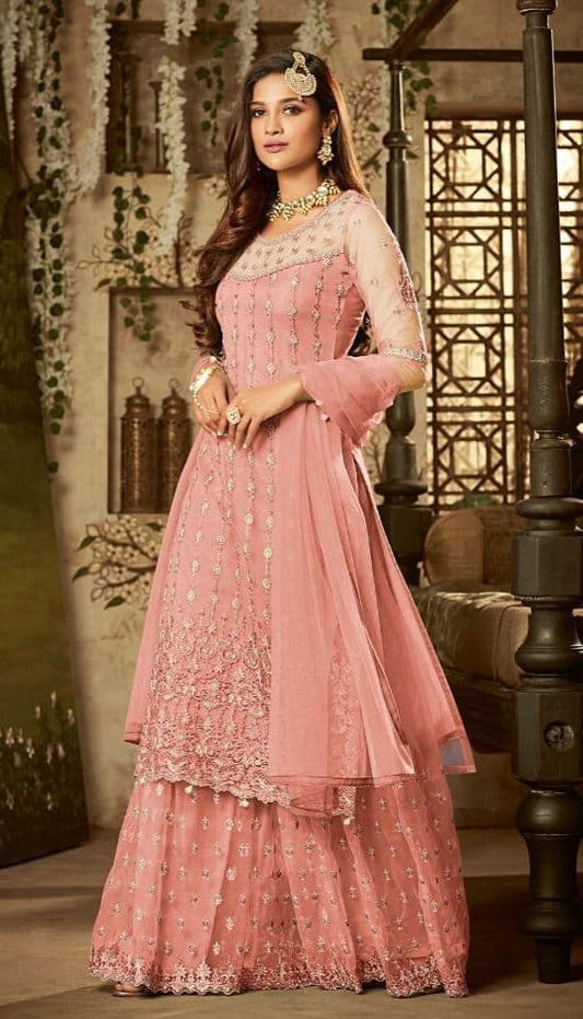 Innovation Peach Color Net Embroidered Work Function Wear Salwar Suit