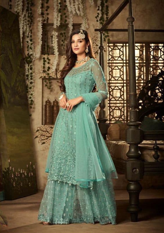 Fashionable Blue Color Net Embroidered Work Salwar Sui For Women