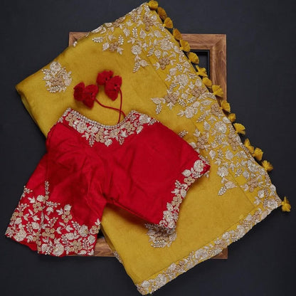 Pleasant Mustard Color Organza Coding Sequence Work Lace Saree Blouse