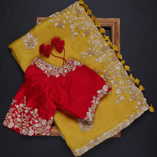 Pleasant Mustard Color Organza Coding Sequence Work Lace Saree Blouse