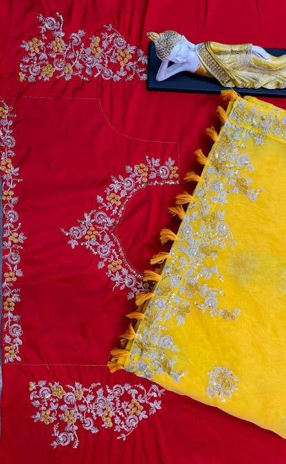 Pleasant Mustard Color Organza Coding Sequence Work Lace Saree Blouse