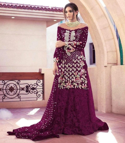 Noble Wine Color Occasion Wear Net Sequence Stone Work Salwar Suit