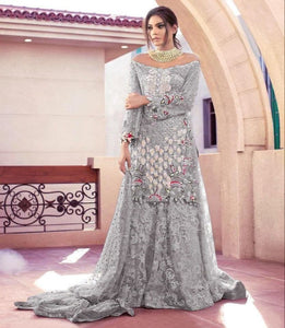 Jazzy Grey Color Net Embroidered Work Salwar Suit For Ladies