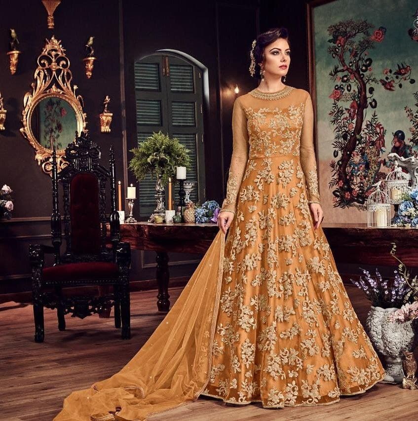 Desirable Mustard Color Wedding Wear Net Embroidered Work Salwar Suit