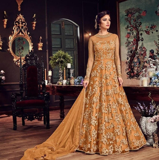 Desirable Mustard Color Wedding Wear Net Embroidered Work Salwar Suit