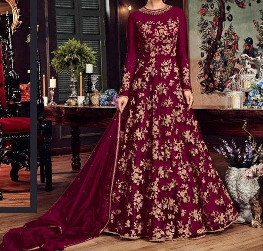 Dismaying Maroon Color Net Coding Embroidered Work Salwar Suit For Women