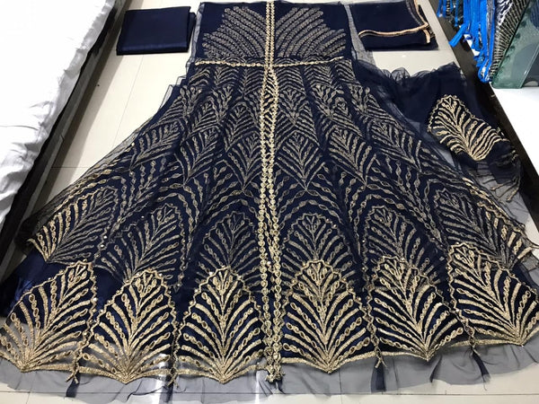 Blooming Navy Blue Color Festive Wear Embroidered Work Net Salwar Suit