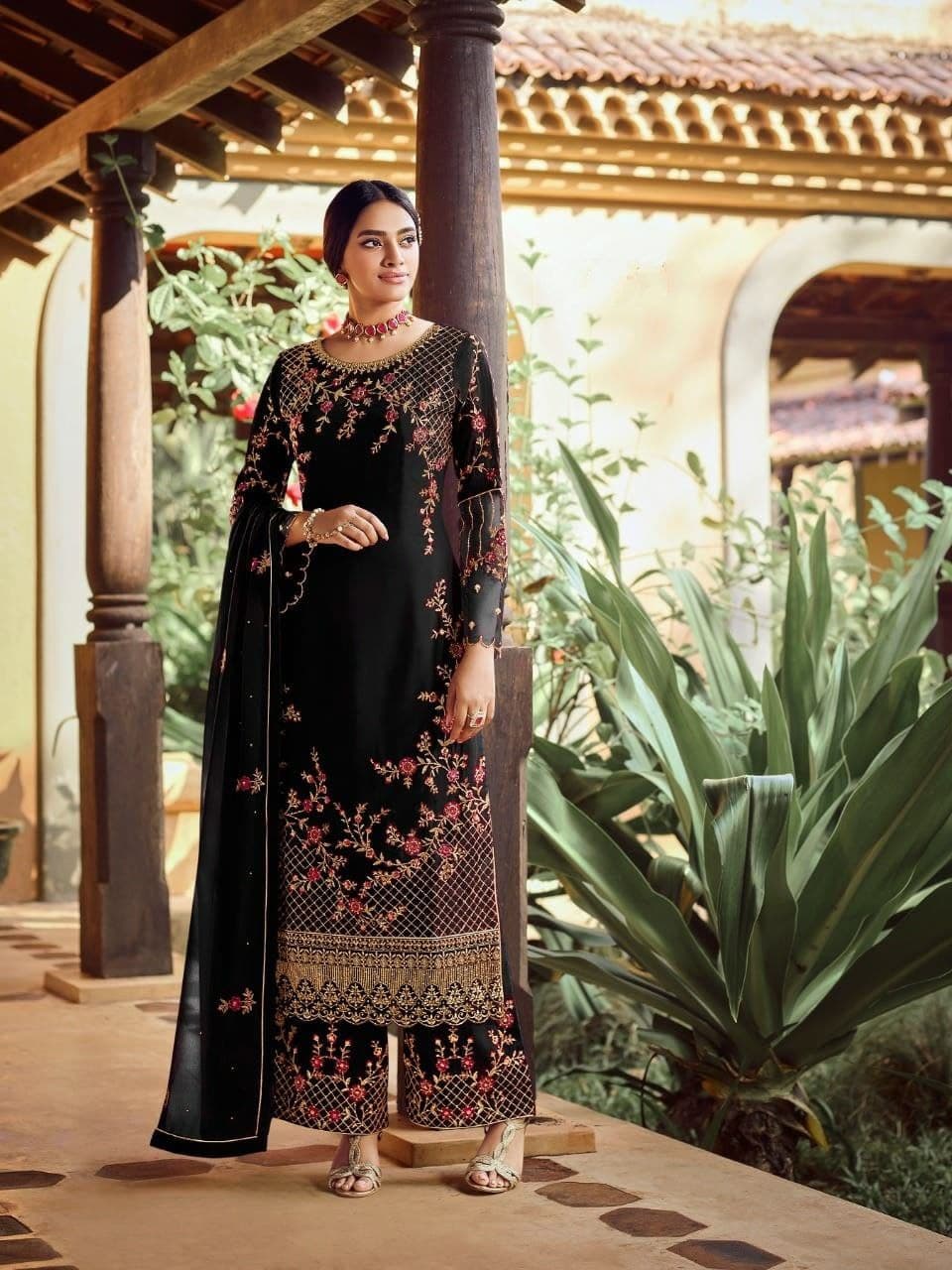 Knockout Black Color Georgette Stone Sequence Work Salwar Suit For Women