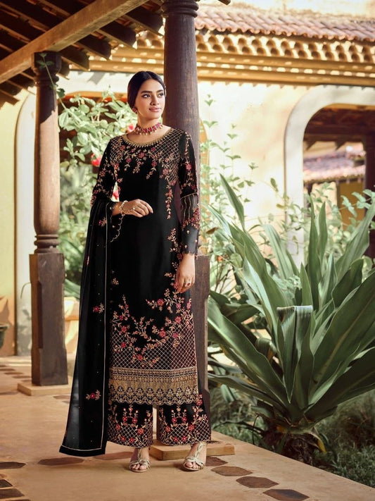 Knockout Black Color Georgette Stone Sequence Work Salwar Suit For Women