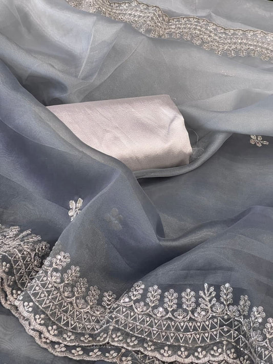 Refreshing Grey Color Organza Hand Cut Work Designer Saree Blouse