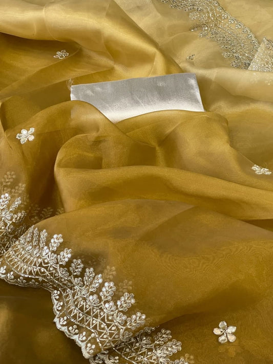 Gorgeous Mustard Color Sequence Cut Work Organza Saree Blouse For Occasion Wear